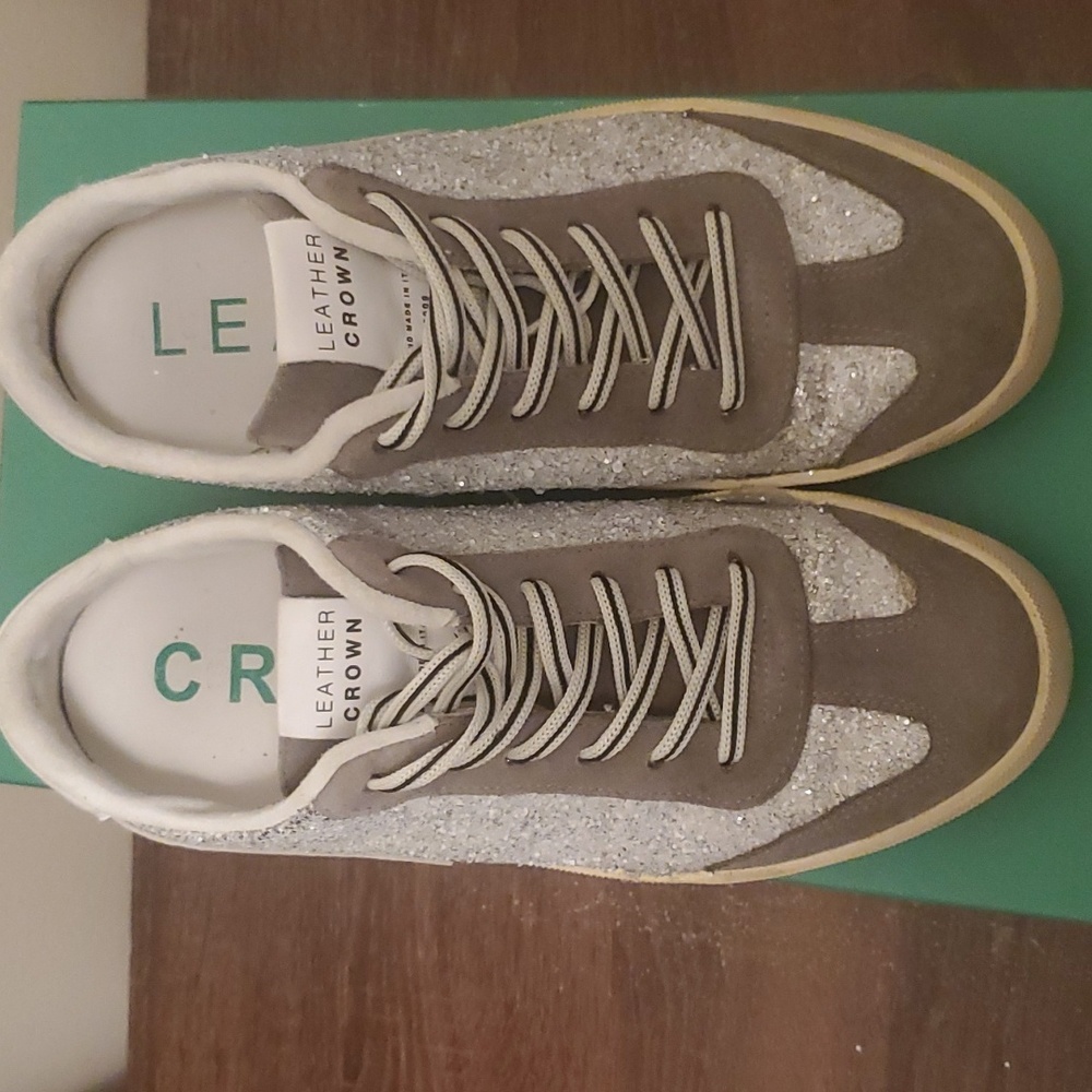 Leather Crown silver sequin sneakers